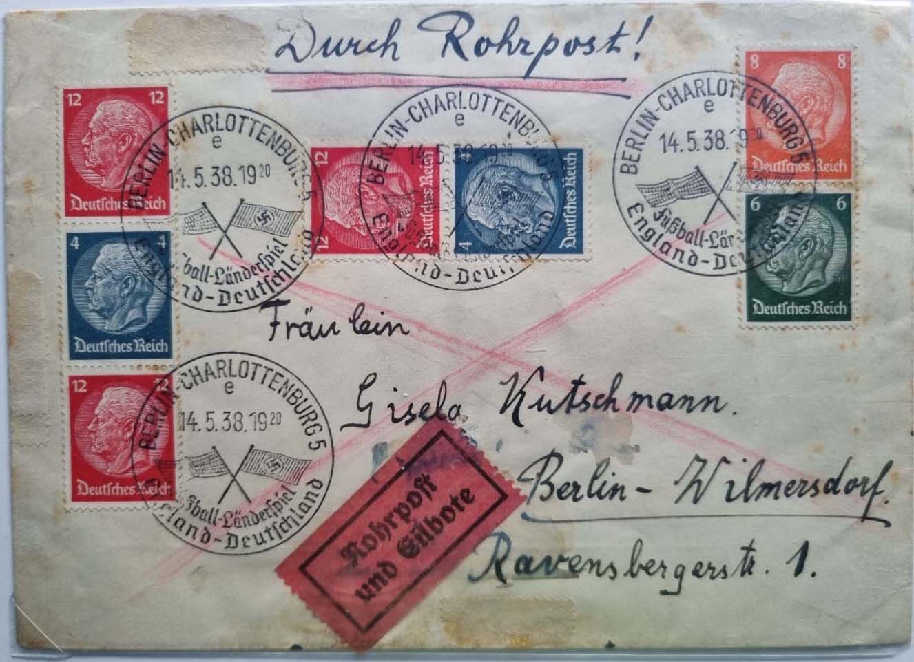 Заказное отправление из Берлина со спецгашением в честь матча Германия – Англия